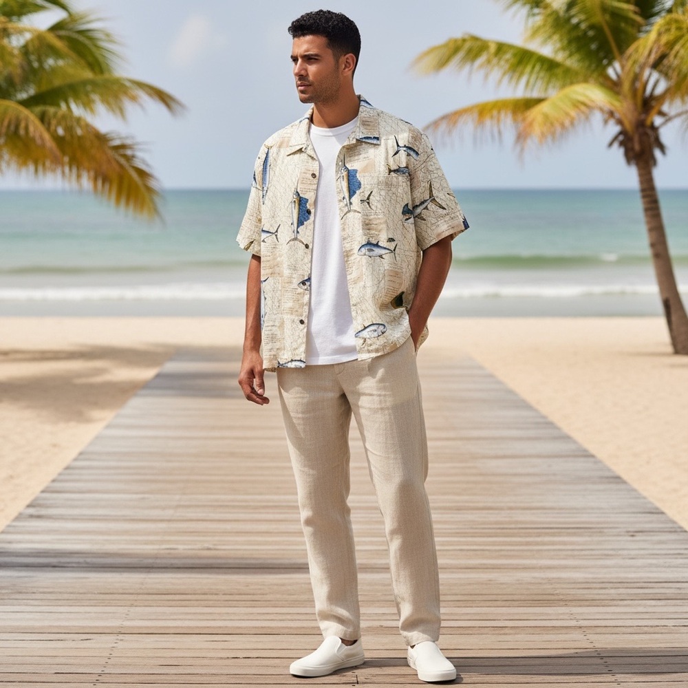 High Seas, Tropical Saltwater Game Fish Print  Button Front Shirt Size Small